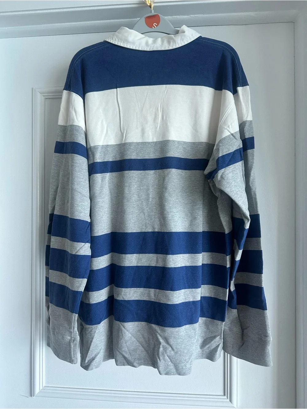 Vintage 1990’s Men’s Ralph Lauren Blue, Gray & White Striped Rugby Shirt